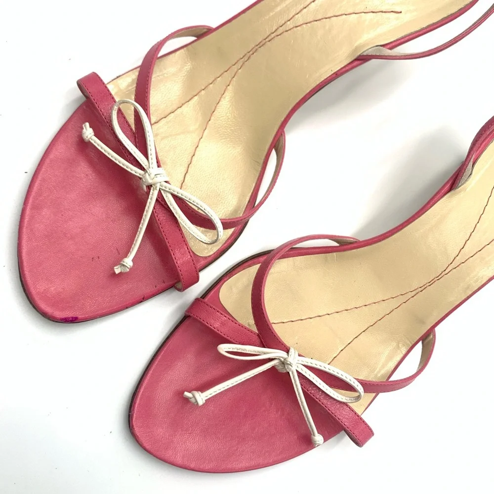 ❤️ Kate Spade ❤️Pink White Bow Strappy Sandals Wooden Kitten Heels Shoes 10B - Picture 3 of 8